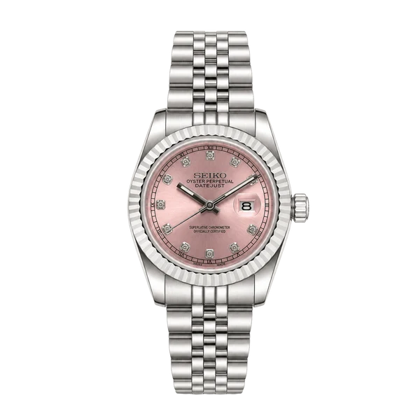 Custom Seiko Mod Datejust Style Watch - Pink Dial Diamond Marker Stainless Steel 36mm
