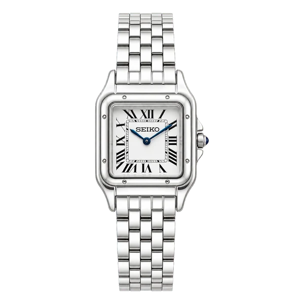 Seiko Mod Panthère Santos Style Custom Watch - Silver Steel Roman Dial with Blued Hands