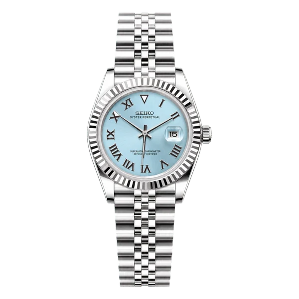 Seiko Mod Ice Blue Roman Custom Watch - Fluted Bezel Stainless Steel Jubilee Bracelet