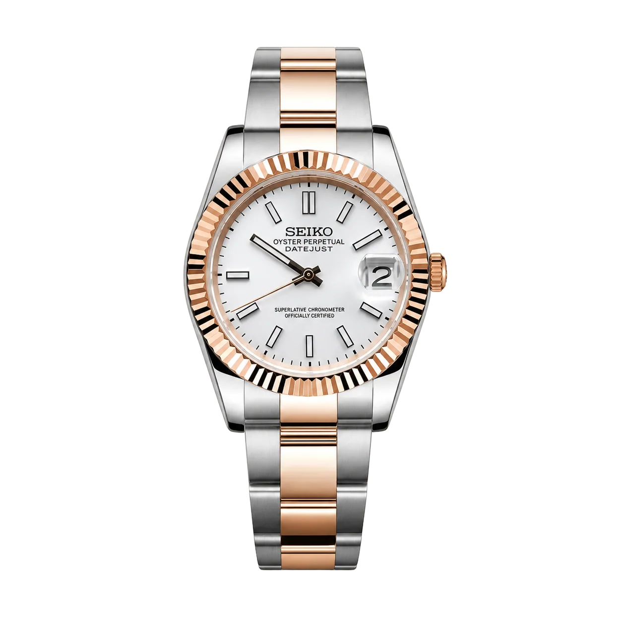 Custom Seiko Mod Two-Tone Watch - White Luminous Dial with Rose Gold Accents