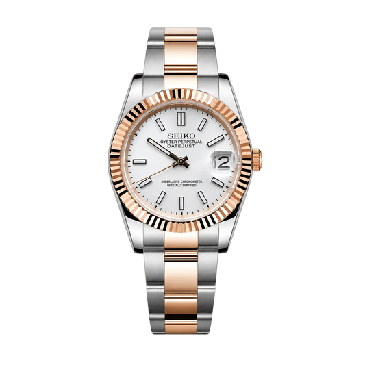Custom Seiko Mod Two-Tone Watch - White Luminous Dial with Rose Gold Accents