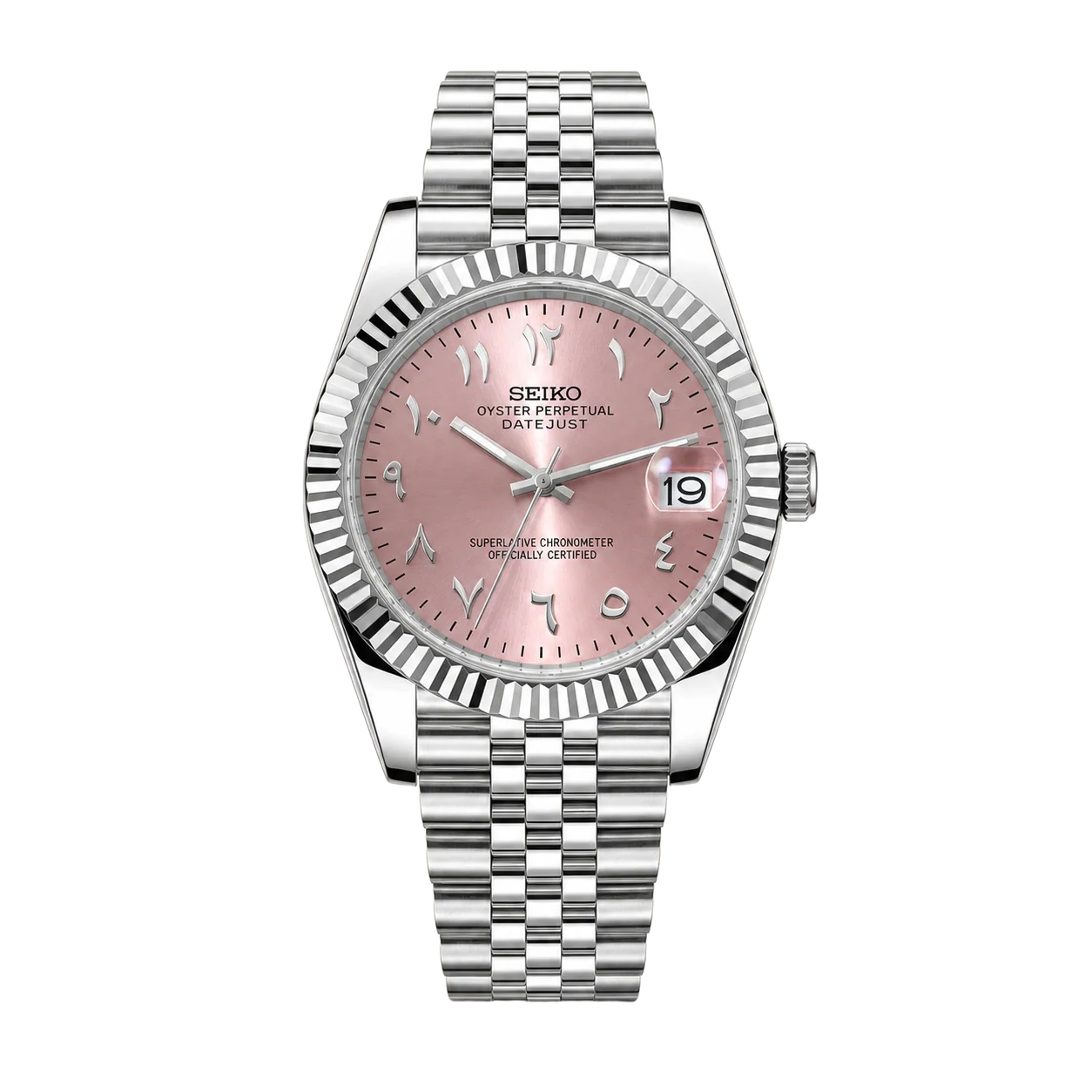 Seiko Mod Pink Arabic Dial Custom Watch - Fluted Bezel Stainless Steel Jubilee Bracelet