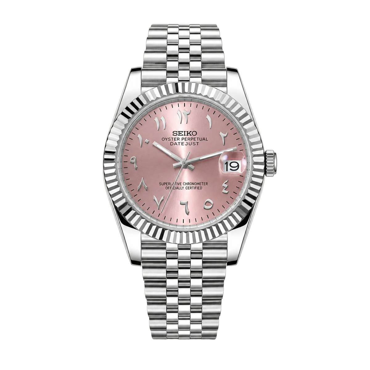 Seiko Mod Pink Arabic Dial Custom Watch - Fluted Bezel Stainless Steel Jubilee Bracelet - MatiMods