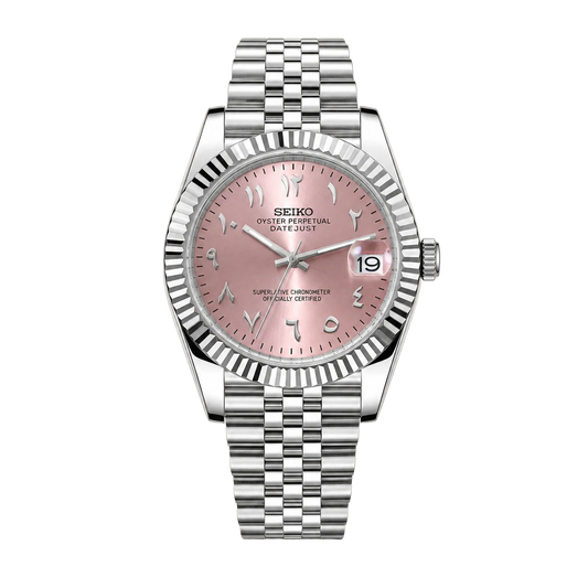Seiko Mod Pink Arabic Dial Custom Watch - Fluted Bezel Stainless Steel Jubilee Bracelet