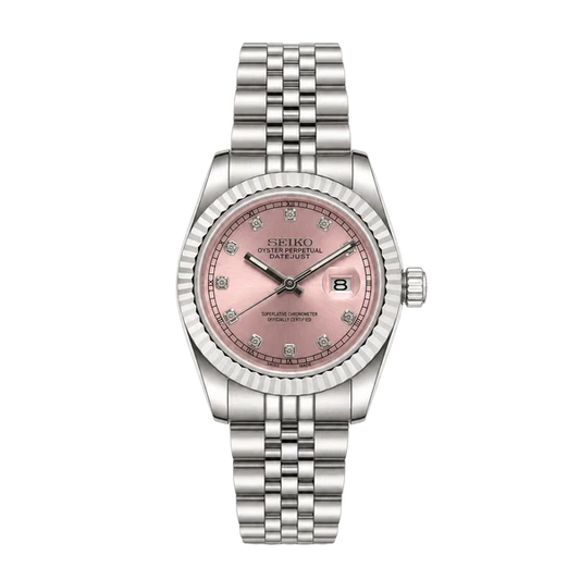 Custom Seiko Mod Datejust Style Watch - Pink Dial Diamond Marker Stainless Steel 36mm