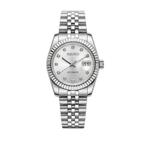 Custom Seiko Mod Datejust Style Watch - All-Silver Silver Dial Diamond Marker 36mm