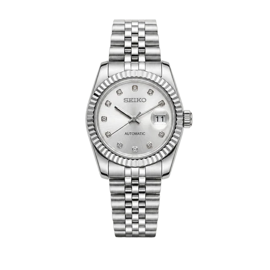 Custom Seiko Mod Datejust Style Watch - All-Silver Silver Dial Diamond Marker 36mm