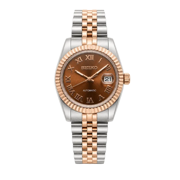 Custom Seiko Mod Datejust Style Watch - Two-Tone Rose Gold Chocolate Dial Roman Numeral 36mm