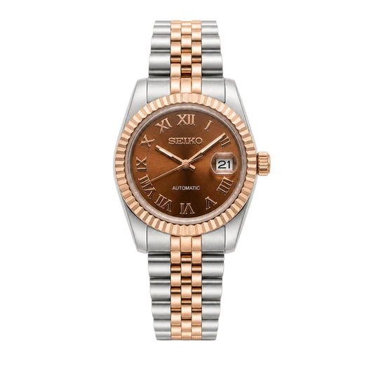Custom Seiko Mod Datejust Style Watch - Two-Tone Rose Gold Chocolate Dial Roman Numeral 36mm