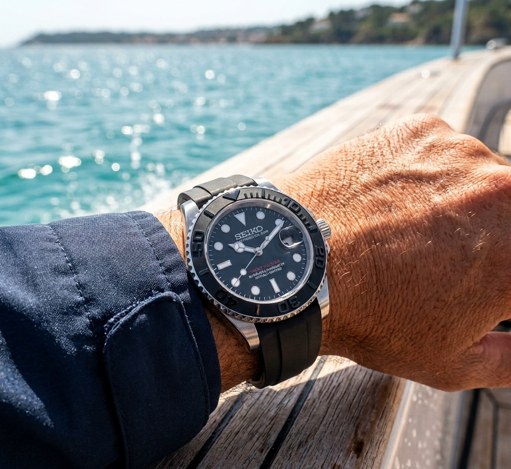  Seiko Yacht-Master watch with a black dial, black bezel, and black rubber strap, resting on a wooden dock with turquoise water in the background.