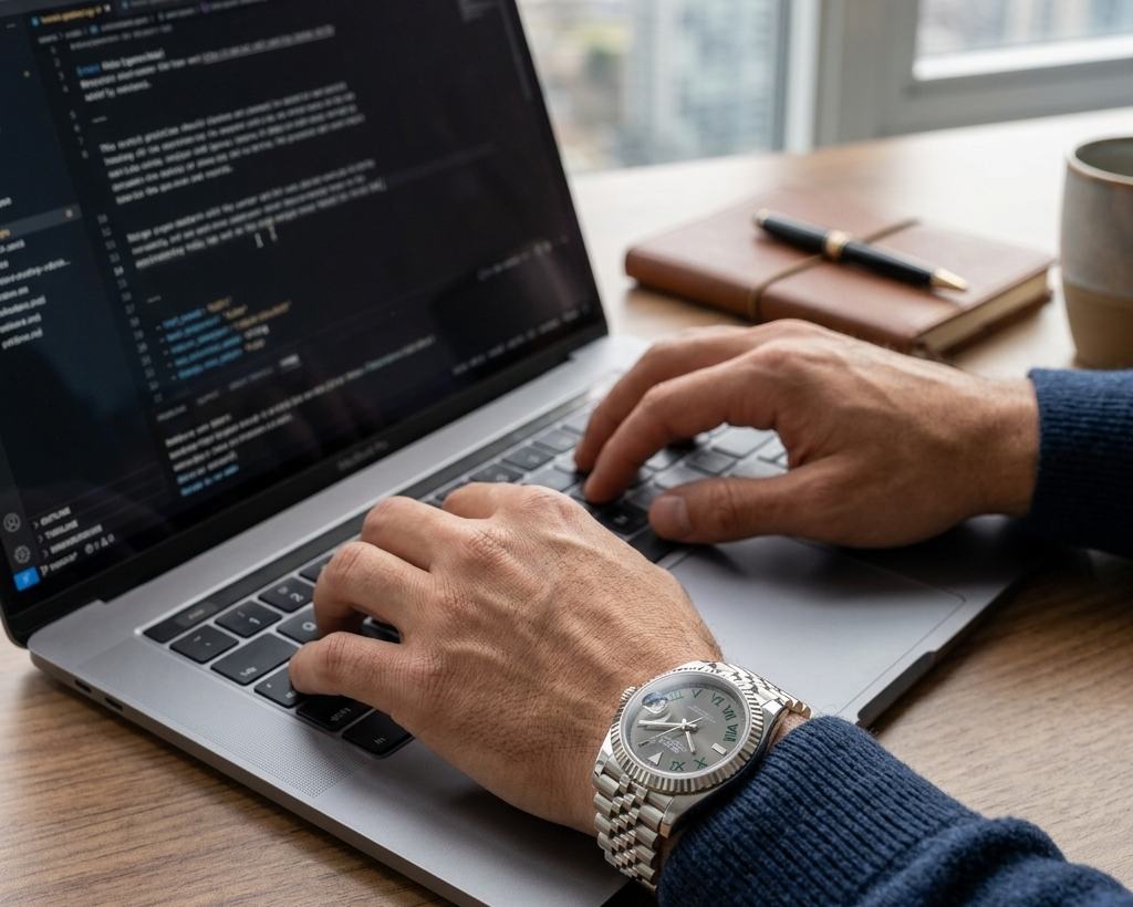 A close-up lifestyle shot of a person typing on a silver laptop at a wooden desk, wearing a silver watch with a white dial and link bracelet. The background shows a blurred office window view, a brown notebook, and a coffee cup.