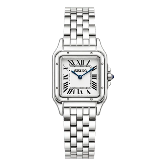 Seiko Mod Panthère Santos Style Custom Watch - Silver Steel Roman Dial with Blued Hands