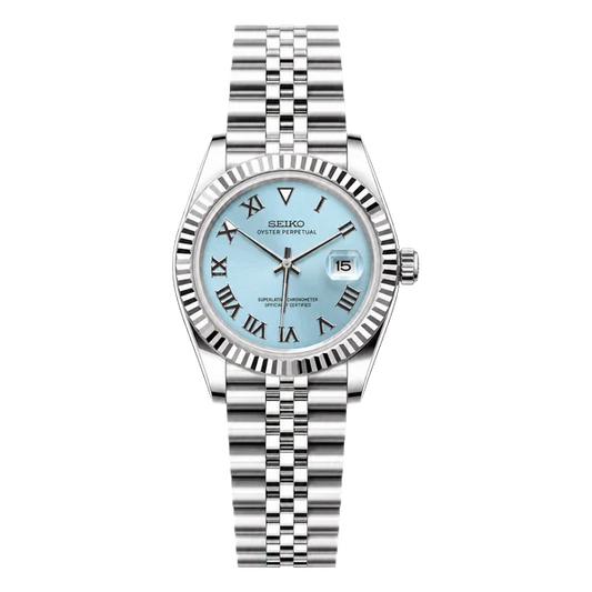 Seiko Mod Ice Blue Roman Custom Watch - Fluted Bezel Stainless Steel Jubilee Bracelet